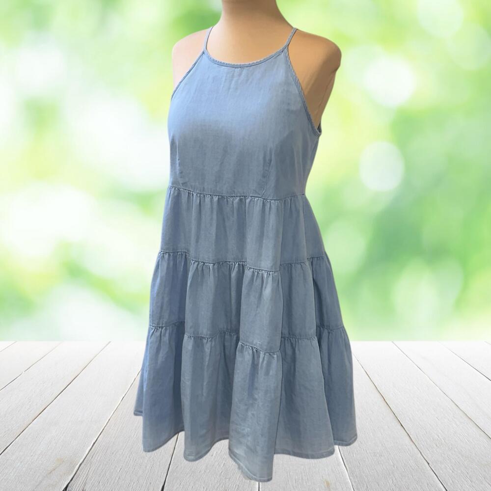 JAPNA Babydoll Tiered Sundress Chambray High Neck 100% Cotton Light Wash Size M